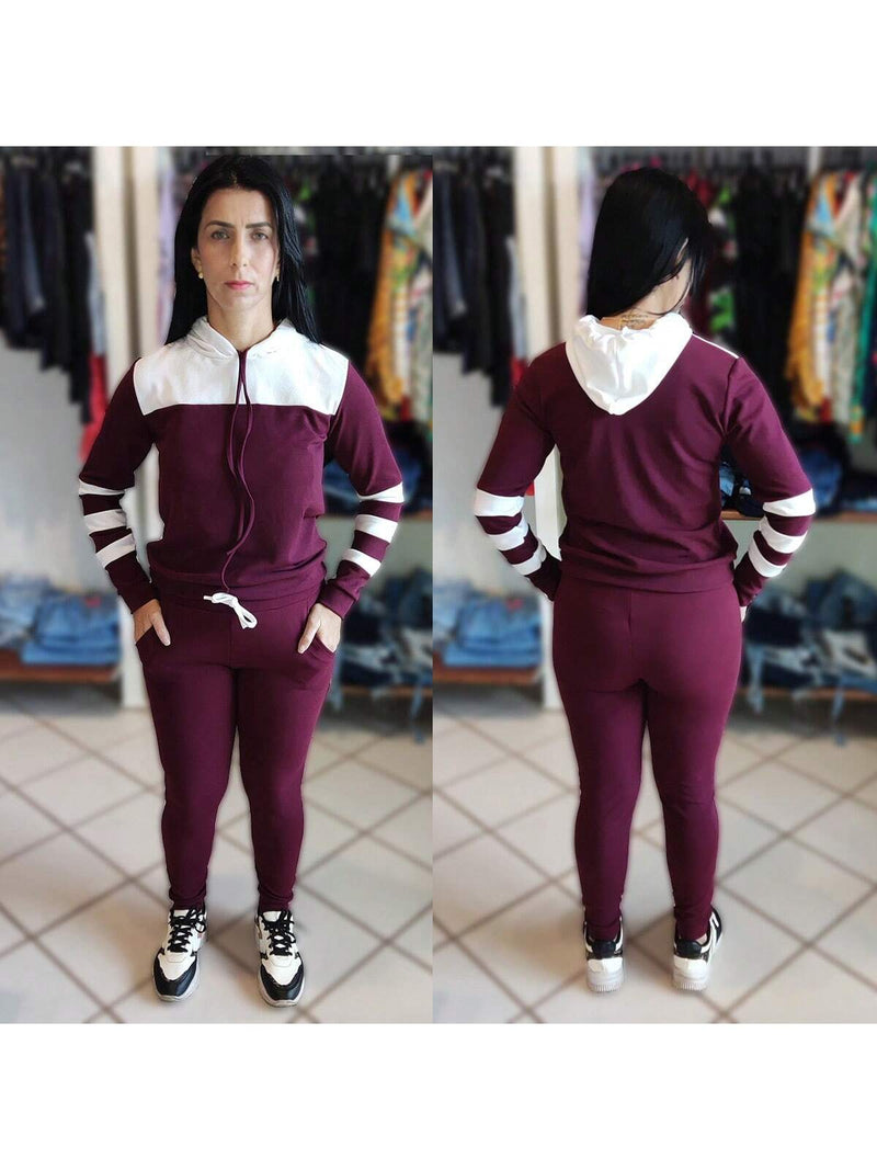 Conjunto Moletom Abrigo Frio Feminino Malha Crepe Manga Longa Outono Inverno com Capuz