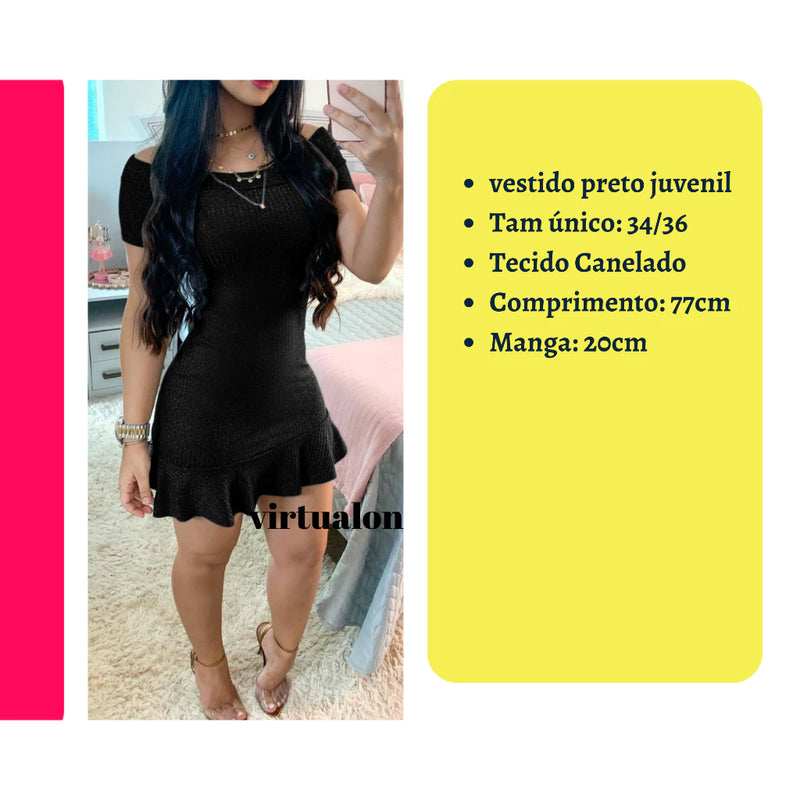 Vestido Juvenil feminino canelado de Babado Tubinho Decote Ombro a Ombro Verão Tam: veste 34/36