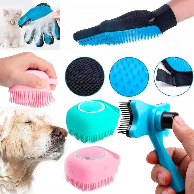 Kit Cuidados Pet Luva Tira Pelos Nano + Escova lava Pet Silicone Dispenser + pente escova removedora de pelos mortos kit banho lava pets Cachorro Gato